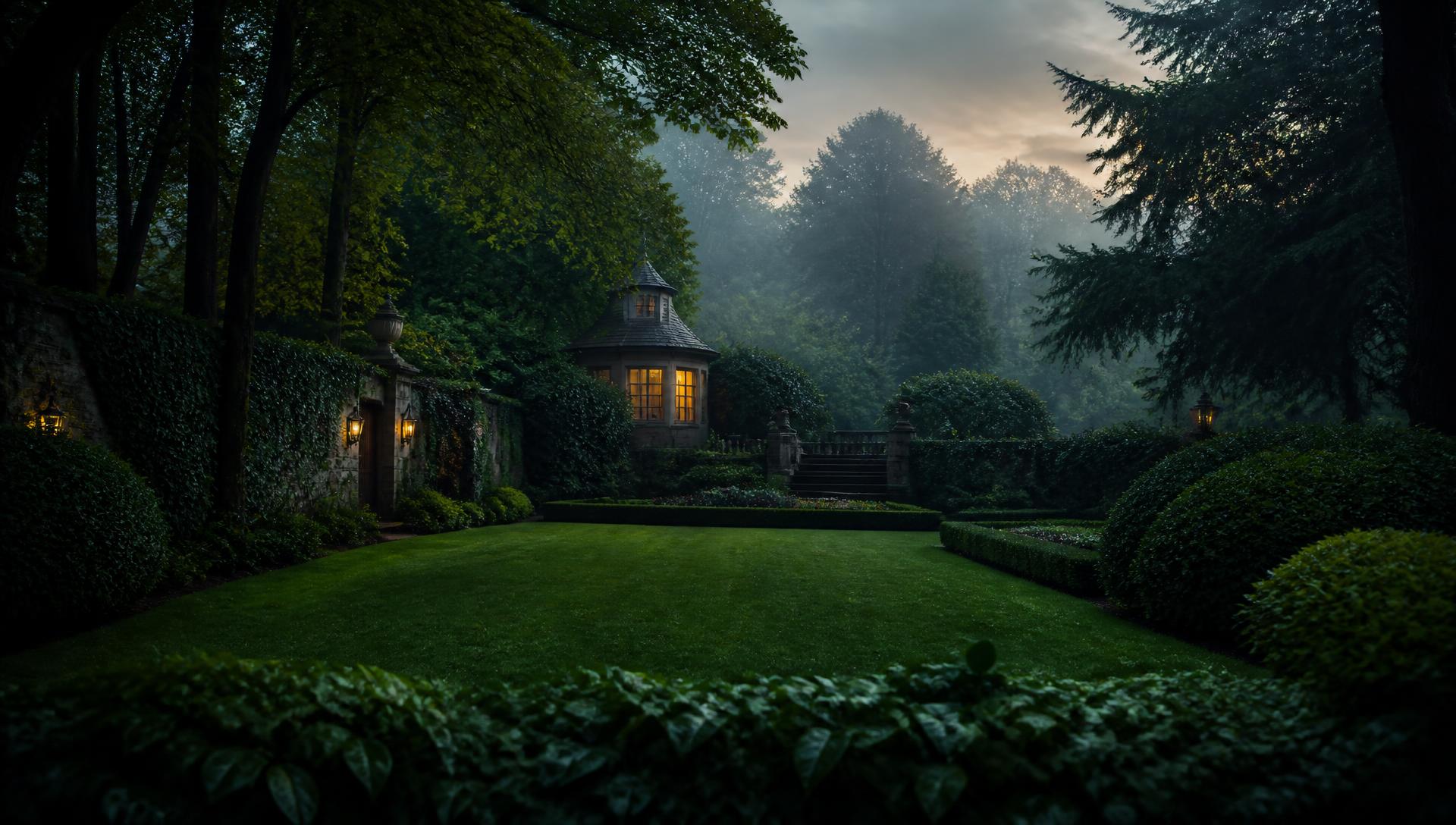 Gepflegter Garten in der Abenddämmerung
